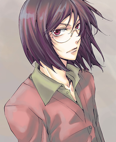 tieria erde, gundam, gundam 00, lowres, 00s, 1boy, glasses, male focus, purple hair, red eyes, solo, upper body