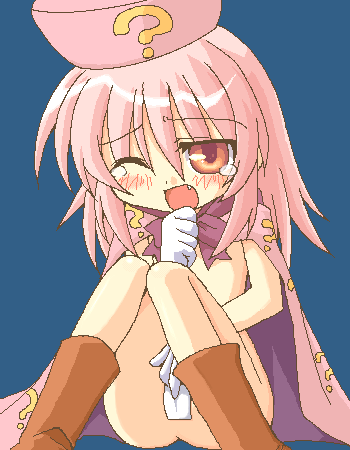 hatena yousei, benesse, lowres, 1girl, ?, blush, boots, cape, fang, female focus, female masturbation, gloves, hat, loli, long hair, maebari, masturbation, naked cape, oekaki, open mouth, orange eyes, pink hair, pink hat, sitting, solo, tears