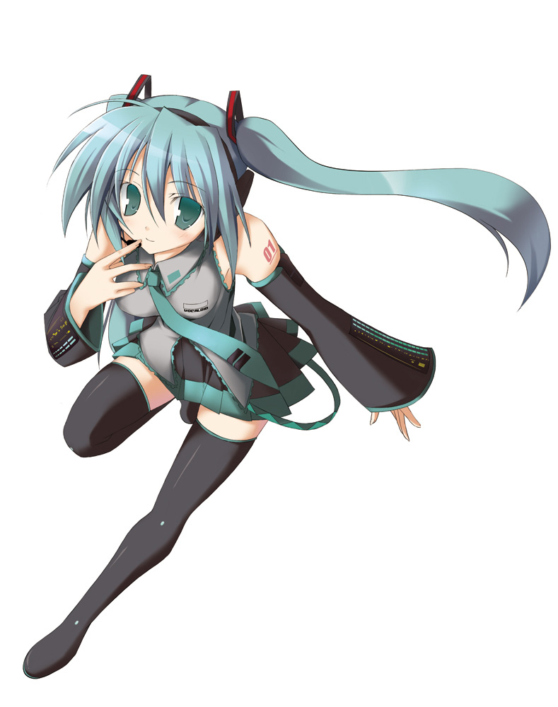 miyane aki (radical dash), hatsune miku, vocaloid, aqua hair, black boots, boots, detached sleeves, green eyes, headphones, long hair, microphone, necktie, running, skirt, smile, solo, thighhighs, twintails, zettai ryouiki