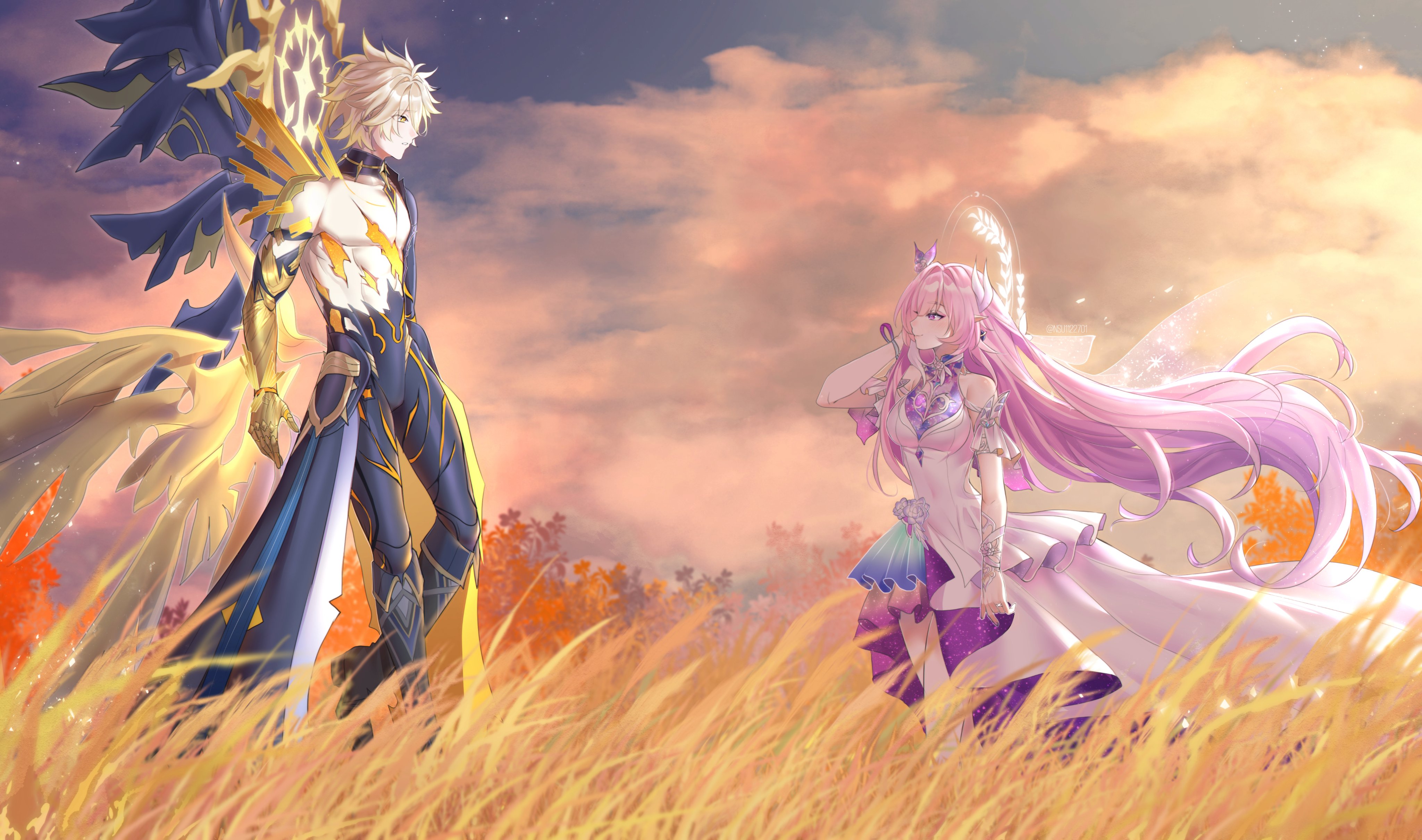 cyrene (honkai: star rail), phainon (honkai: star rail), phainon (khaslana) (honkai: star rail), honkai: star rail, honkai (series), absurdres, commentary, english commentary, highres, 1boy, 1girl, armored gloves, asymmetrical wings, black pants, black wings, blonde hair, bridal veil, cracked skin, diamond-shaped pupils, diamond (shape), dress, gold blood, gold gloves, halo, long hair, looking at another, mismatched wings, nsu1122701, outdoors, pants, pink hair, pointy ears, purple eyes, short hair, sky, smile, symbol-shaped pupils, topless male, veil, very long hair, wheat, wheat field, white dress, wings, yellow eyes, yellow wings