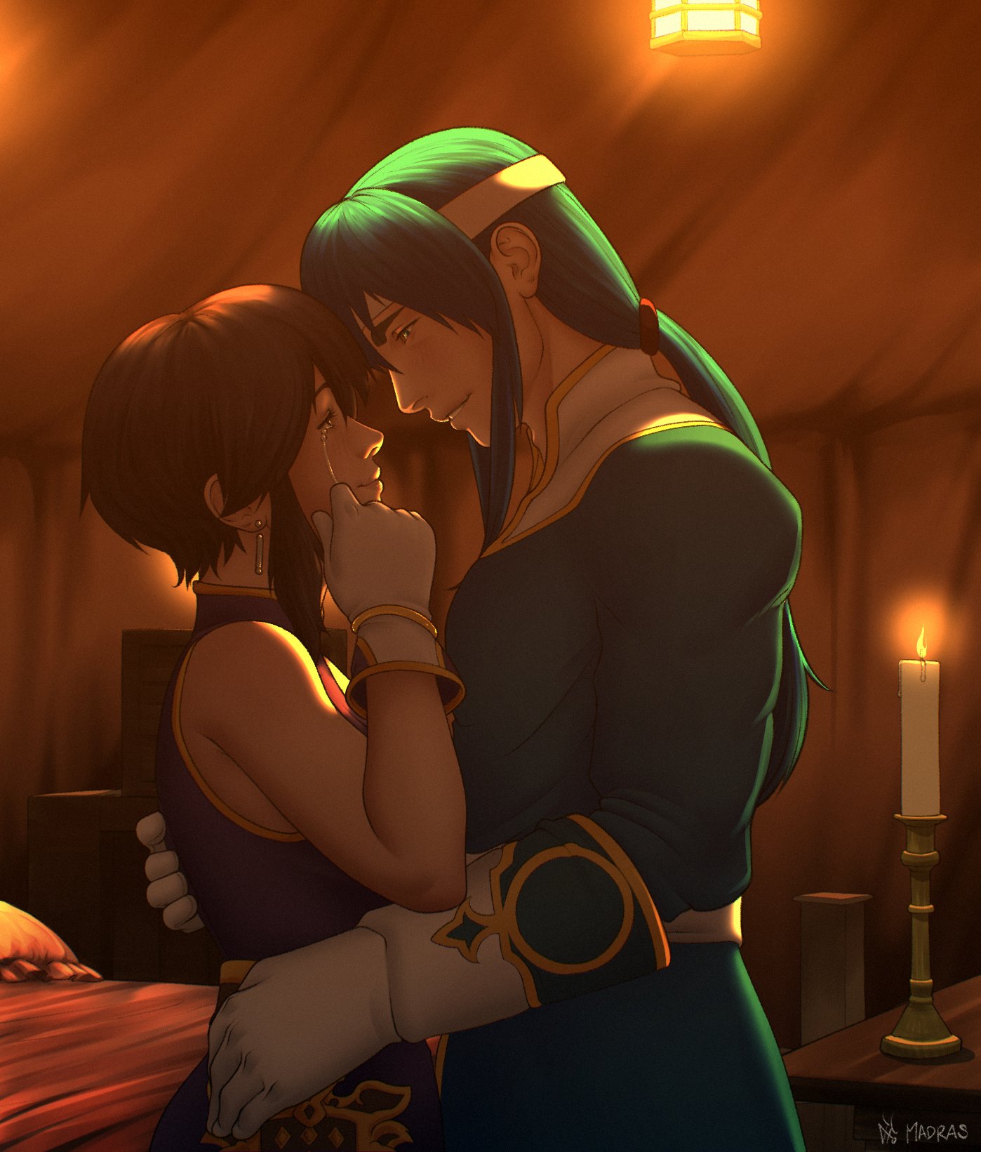 madras (anothermadras), larcei (fire emblem), seliph (fire emblem), fire emblem, fire emblem: genealogy of the holy war, nintendo, commission, commissioner upload, highres, 1boy, 1girl, bed, belt, black hair, blue hair, blush, bracelet, candle, candlelight, candlestand, couple, crate, crying, crying with eyes open, eye contact, fire, gloves, happy tears, headband, hetero, hug, imminent kiss, indoors, jewelry, lantern, looking at another, ponytail, purple tunic, short hair, sidelocks, sleeveless, smile, streaming tears, table, tears, tent, tunic, white headband, wiping tears