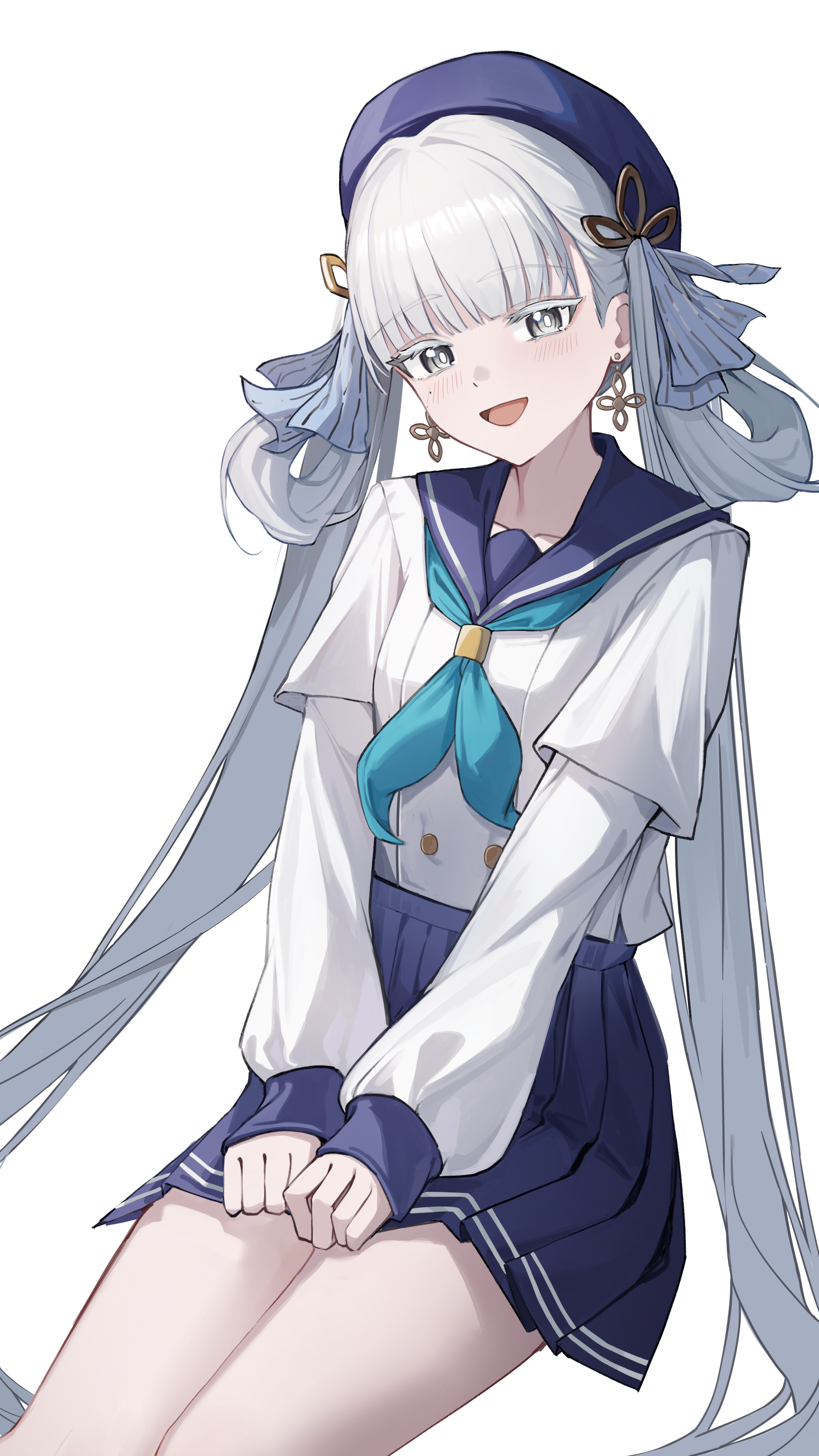 shengwr, jinhsi (wuthering waves), wuthering waves, absurdres, commentary, highres, 1girl, alternate costume, aqua neckerchief, blue hat, blue sailor collar, blue skirt, bow, breasts, bright pupils, buttons, collarbone, colored eyelashes, double-breasted, earrings, hair bow, hair rings, hat, high-waist skirt, jewelry, light blush, long sleeves, looking at viewer, low twintails, medium breasts, mole, mole on cheek, multiple hair bows, neckerchief, open mouth, sailor collar, school uniform, serafuku, shirt, simple background, skirt, smile, solo, twintails, white background, white bow, white eyelashes, white eyes, white pupils, white shirt