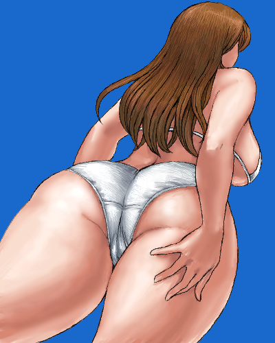matoyama, lowres, 1girl, ass, bikini, blue background, breasts, brown hair, curvy, female focus, from behind, from below, huge ass, large breasts, oekaki, plump, pov, sideboob, solo, swimsuit, white bikini