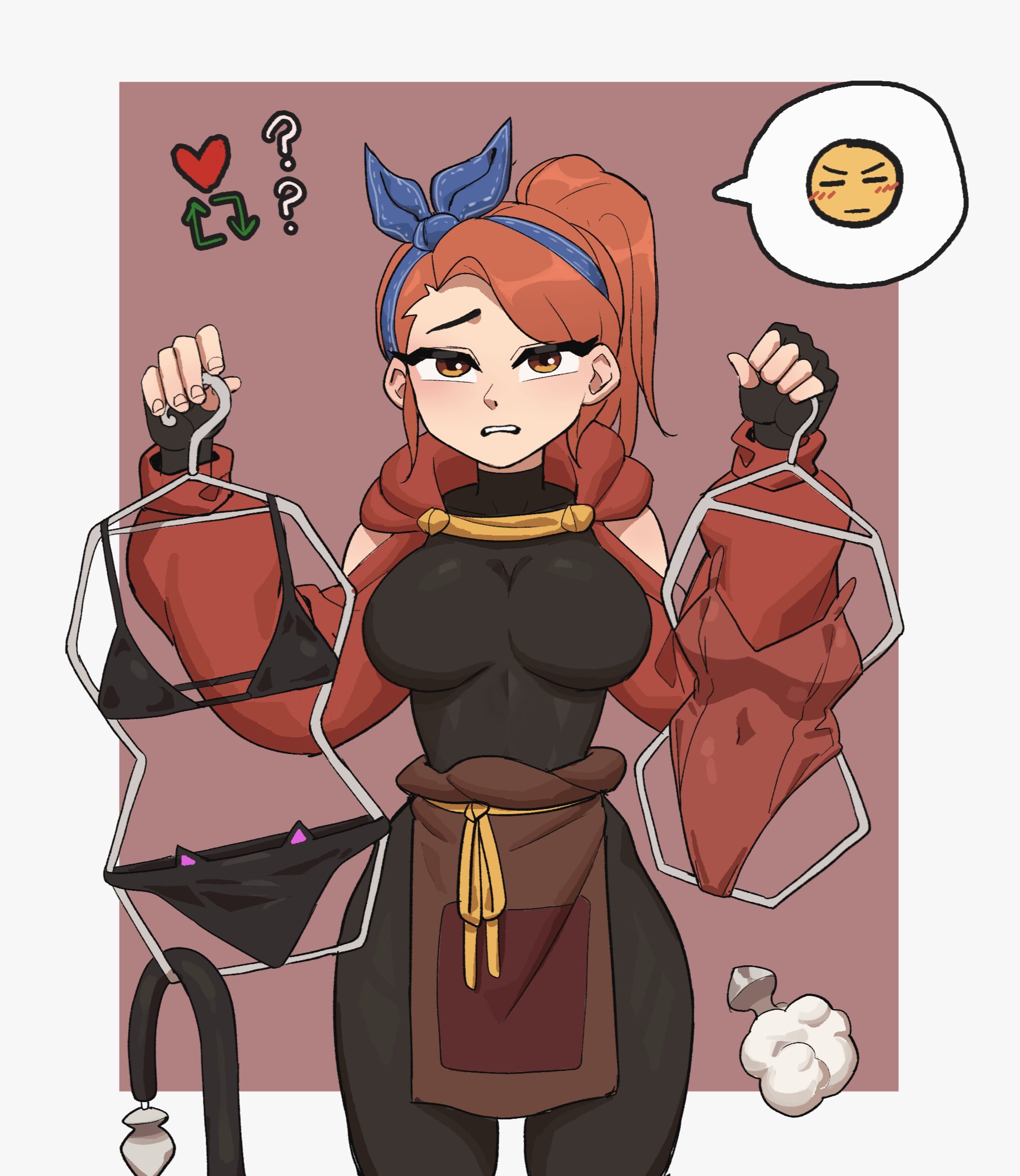 hyyun ho, june (hyyun ho), original, commentary, english commentary, highres, 1girl, anal beads, anal tail, apron, bikini, black bikini, black gloves, blue ribbon, bodystocking, border, breasts, brown apron, brown background, butt plug, clothes hanger, cowboy shot, fake tail, fingerless gloves, gloves, hair ribbon, holding, holding clothes hanger, hooded shrug, large breasts, leotard, like and retweet, long hair, long sleeves, looking at viewer, orange eyes, orange hair, outside border, ponytail, red leotard, red shrug, ribbon, shrug (clothing), solo, spoken emoji, swimsuit, swimsuit hanger, tail, unworn bikini, unworn butt plug, unworn leotard, waist apron, white border