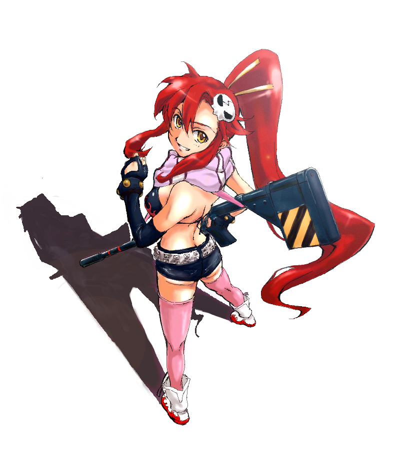 fujimoto satoru, yoko littner, tengen toppa gurren lagann, 00s, 1girl, anti-materiel rifle, belt, bikini, bikini top only, bracelet, breasts, female focus, from behind, gun, hair ornament, jewelry, pink thighhighs, ponytail, red hair, rifle, short shorts, shorts, skull hair ornament, sniper rifle, solo, studded belt, studded bracelet, swimsuit, thighhighs, weapon, yellow eyes