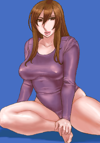 matoyama, original, lowres, 1girl, barefoot, blue background, brown eyes, brown hair, curvy, female focus, gymnastics, hands on feet, leotard, lips, long hair, oekaki, sitting, skin tight, solo, yokozuwari