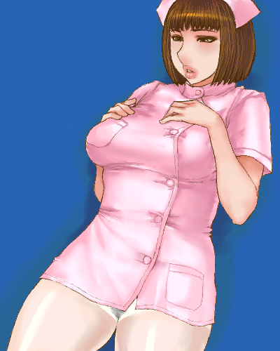matoyama, lowres, 1girl, blue background, breast suppress, breasts, brown eyes, brown hair, female focus, lips, nurse, oekaki, panties, panties under pantyhose, pantyhose, solo, underwear, white pantyhose