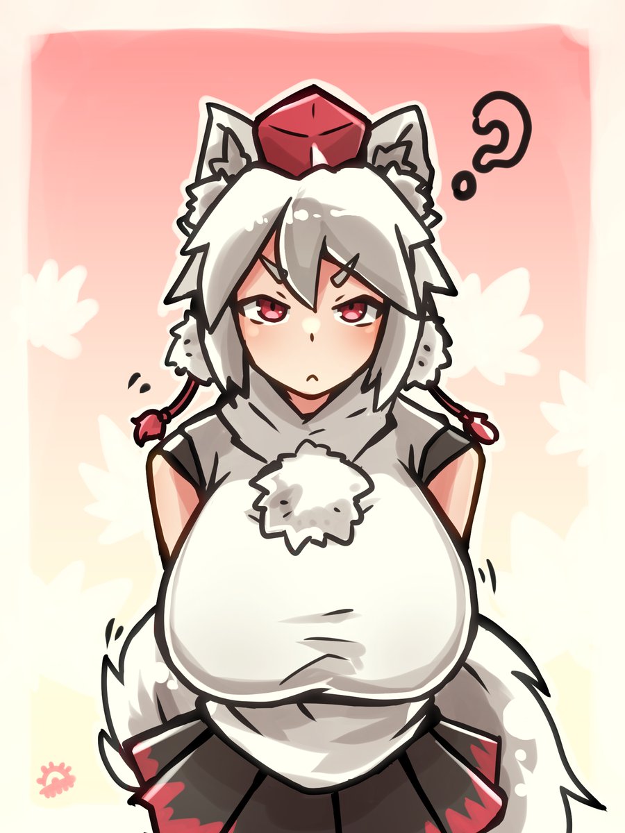 umitsuki (kurage no shokushu), inubashiri momiji, touhou, commentary request, highres, 1girl, :<, ?, animal ear fluff, animal ears, arms behind back, artist logo, black skirt, border, breast focus, breasts, closed mouth, cloud, detached sleeves, frown, gradient background, hat, large breasts, leaning forward, logo, long sleeves, motion lines, pleated skirt, pom pom (clothes), red background, red eyes, red hat, red trim, shirt, short hair, skirt, solo, swept bangs, tail, tokin hat, upper body, v-shaped eyebrows, white border, white hair, white shirt, wolf ears, wolf girl, wolf tail, yellow background
