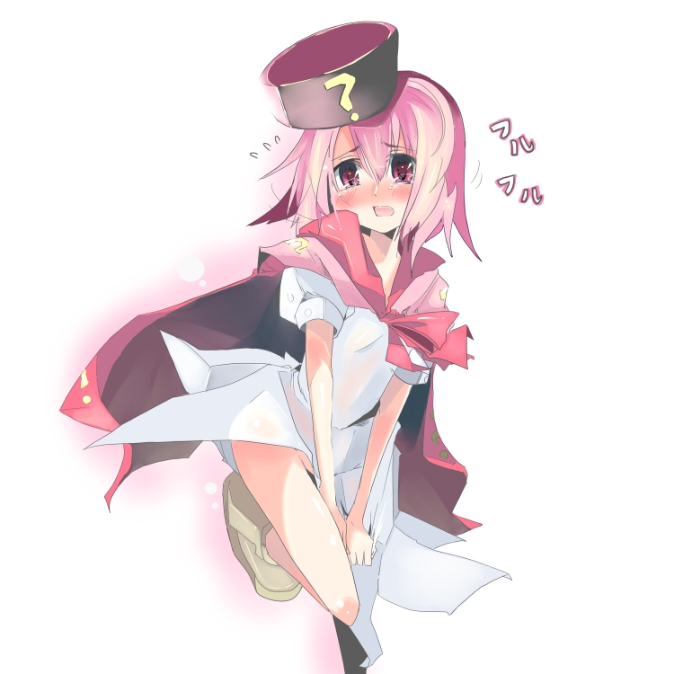 kanikama, hatena yousei, benesse, 1girl, bare legs, blush, cape, dress, female focus, flying sweatdrops, full-face blush, full body, looking at viewer, no panties, pink eyes, pink hair, shoes, solo, standing, white dress