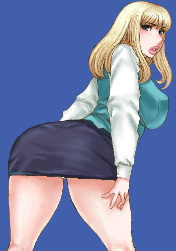 matoyama, lowres, 1girl, blonde hair, blue background, blue eyes, blush, female focus, from behind, lips, looking back, miniskirt, oekaki, pencil skirt, skirt, solo