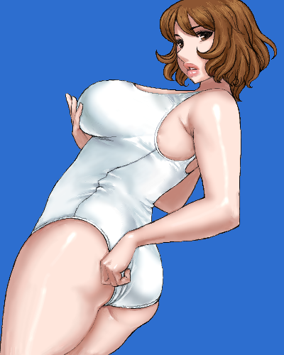 matoyama, lowres, 1girl, blue background, breasts, brown eyes, brown hair, female focus, large breasts, lips, oekaki, one-piece swimsuit, plump, solo, standing, swimsuit