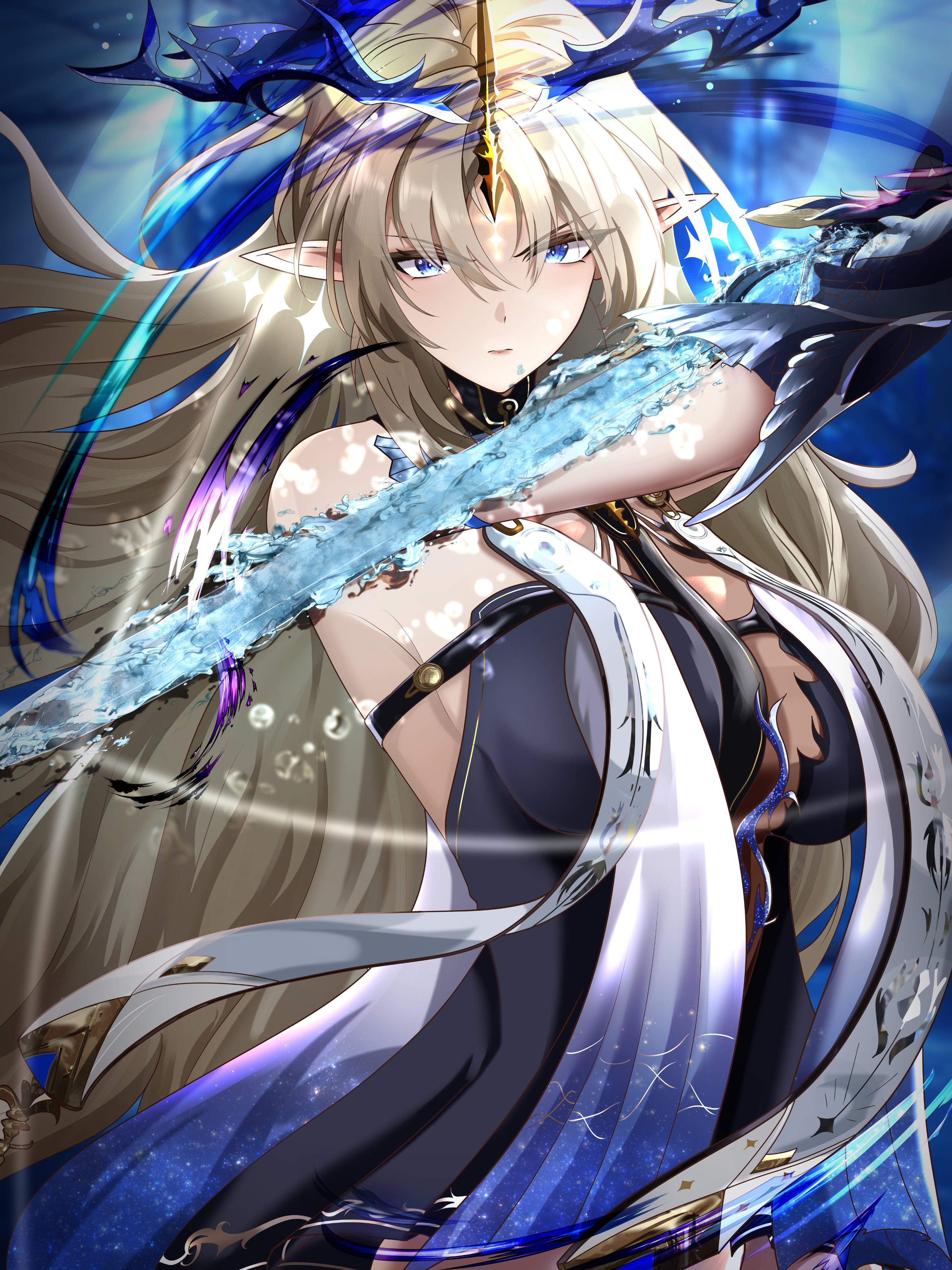 bunchosan dayo, fleurdelys (wuthering waves), wuthering waves, absurdres, commentary request, highres, revision, 1girl, bare shoulders, black dress, blonde hair, blue eyes, breasts, closed mouth, cowboy shot, crown of thorns, dress, hair spread out, holding, holding sword, holding weapon, horns, huge breasts, long hair, looking at viewer, pointy ears, signature, single horn, solo, sword, tacet mark (wuthering waves), v-shaped eyebrows, very long hair, weapon, yellow horns