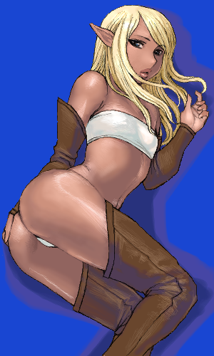 matoyama, lowres, 1girl, ass, bandeau, blonde hair, blue background, boots, brown eyes, detached sleeves, elf, female focus, flat chest, gloves, lips, long hair, oekaki, panties, pointy ears, solo, strapless, tan, thigh boots, thighhighs, tube top, underwear