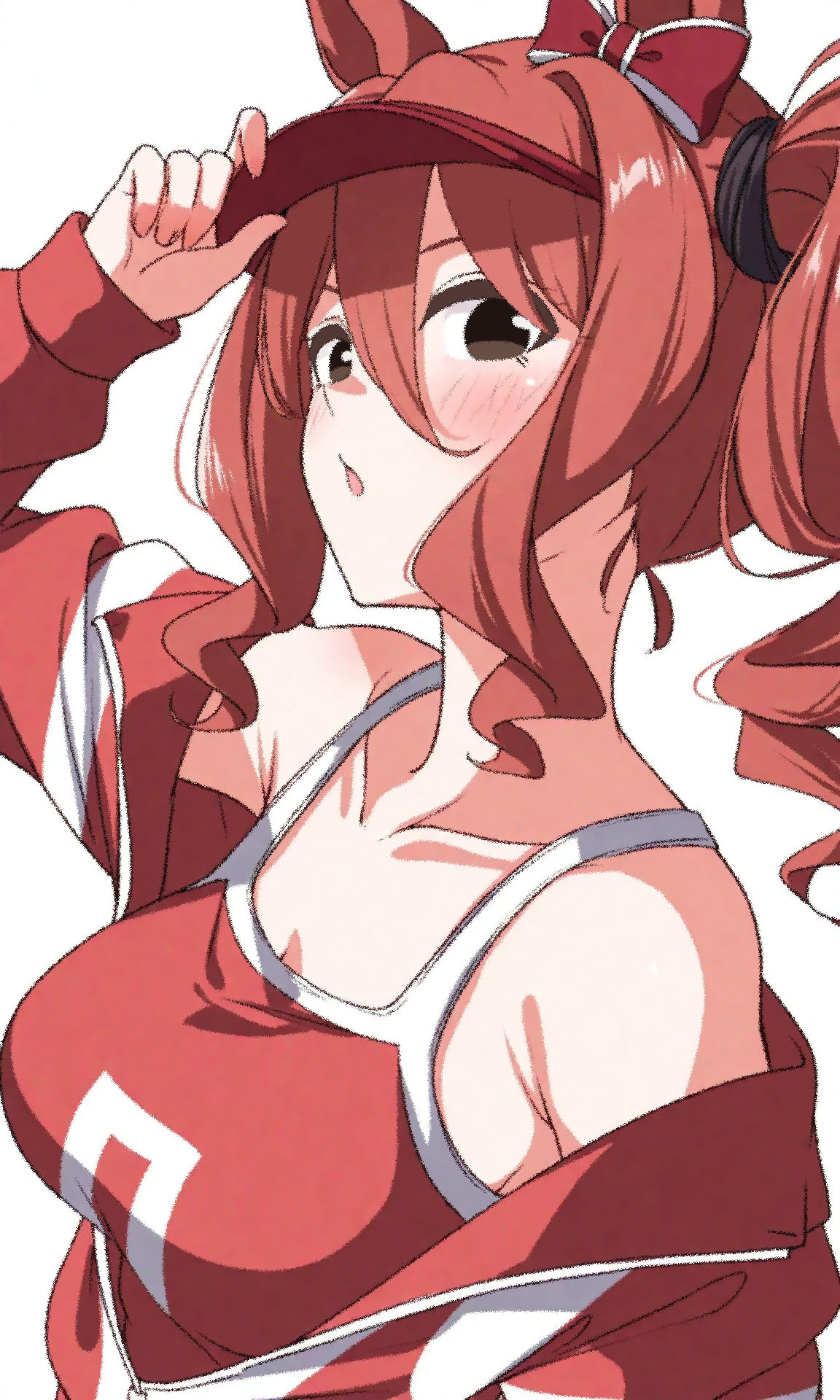 norn ace (umamusume), umamusume, umamusume: cinderella gray, highres, 1girl, animal ears, blush, breasts, brown hair, collarbone, drill hair, drill ponytail, hat, horse ears, horse girl, jacket, looking at viewer, open clothes, open jacket, red hat, red jacket, red vest, solo, spynai (klimatic), upper body, vest, white background