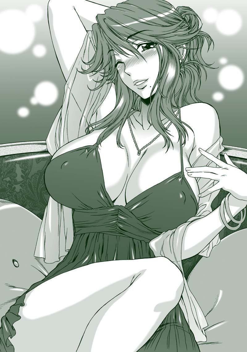 hanzaki jirou, 1girl, arm up, blush, breasts, breasts apart, cleavage, female focus, green theme, jewelry, large breasts, lips, long hair, mole, monochrome, necklace, one eye closed, solo