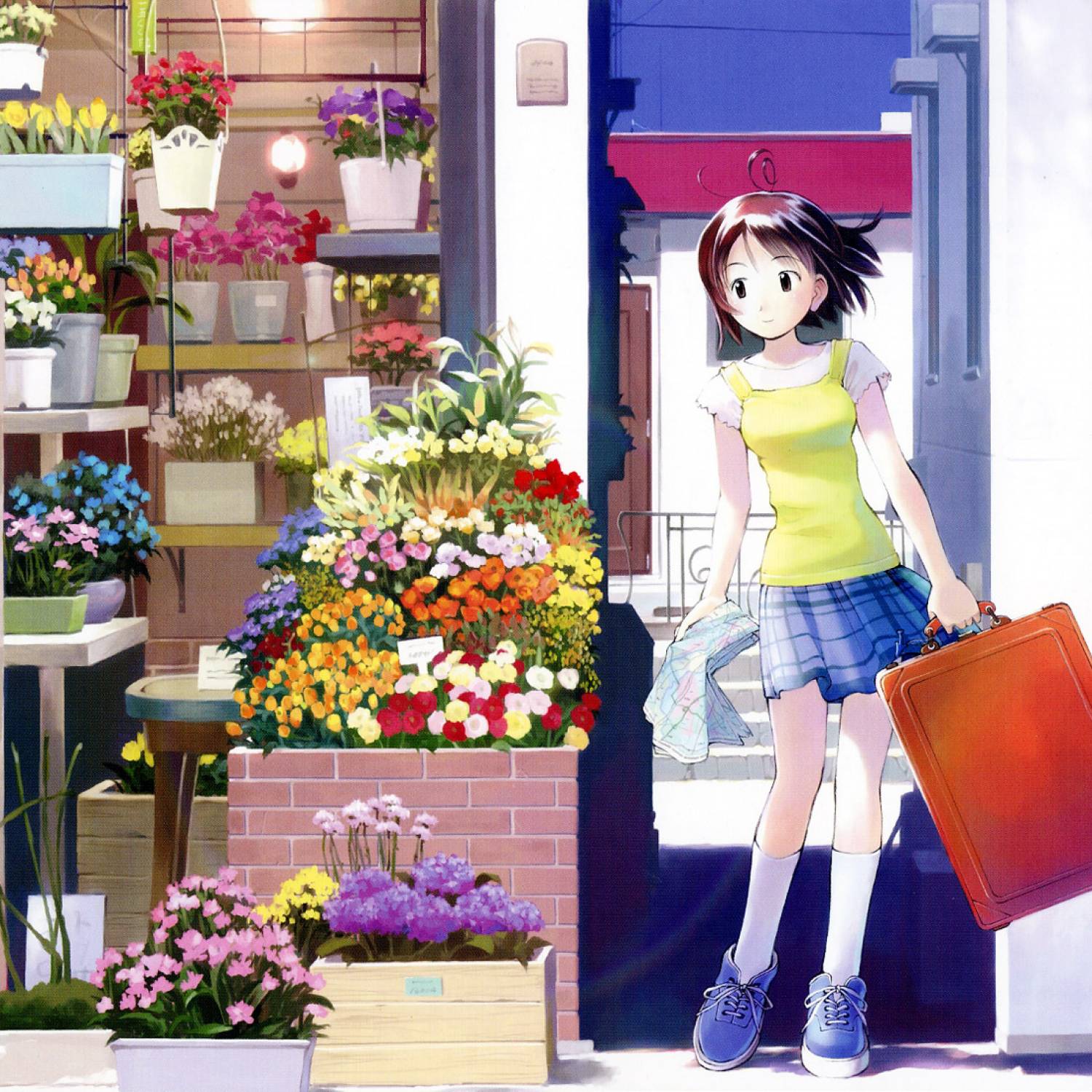 yoshizuki kumichi, kikuchi yume, mahou tsukai ni taisetsu na koto, highres, scan, 00s, 1girl, bag, brown eyes, brown hair, city, female focus, flower, holding, kneehighs, looking to the side, map, miniskirt, plaid clothes, plaid skirt, plant, potted plant, shop, short hair, skirt, socks, solo, suitcase, white socks