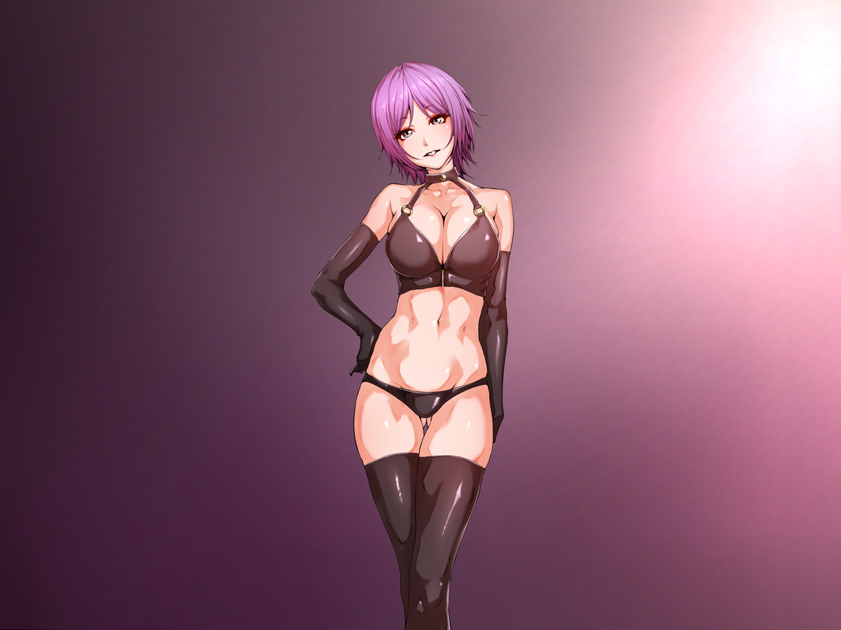 aho manten, 1girl, black bra, black gloves, boots, bra, breasts, choker, cleavage, elbow gloves, gloves, hand on own hip, o-ring, purple hair, standing, thigh boots, underwear
