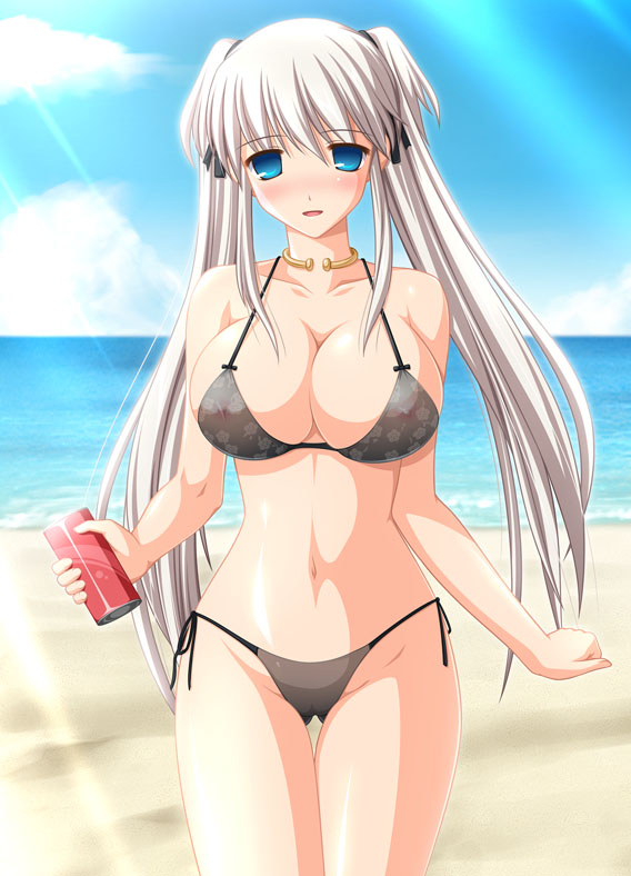kafu (logaemon), nao (mabinogi), mabinogi, 1girl, beach, bikini, blue eyes, blue sky, blush, breasts, cloud, collarbone, covered erect nipples, cowboy shot, day, female focus, grey bikini, horizon, huge breasts, jewelry, long hair, looking at viewer, navel, neck ring, nipples, open mouth, outdoors, sand, see-through clothes, side-tie bikini bottom, sky, solo, swimsuit, thigh gap, transparent, twintails, water, wide hips