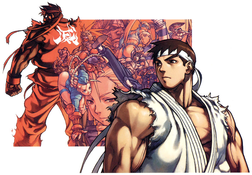 edaki shin'ya, balrog (street fighter), blanka, cammy white, cody travers, dee jay, e. honda, evil ryu, fei long, juli (street fighter), juni (street fighter), kanzuki karin, m. bison, rainbow mika, ryu (street fighter), thunder hawk, vega (street fighter), capcom, final fight, street fighter, street fighter ii (series), street fighter zero (series), official art, 1990s (style), 5girls, 6+boys, bent over, black hair, blonde hair, braid, brown eyes, brown hair, dual persona, everyone, garrison cap, gloves, hat, headband, kicking, long hair, manly, mesatsu go hadou ryu, mexico, multiple boys, multiple girls, muscular, native american, red eyes, red hair, retro artstyle, short hair, spandex, topless male, torn clothes, twin braids