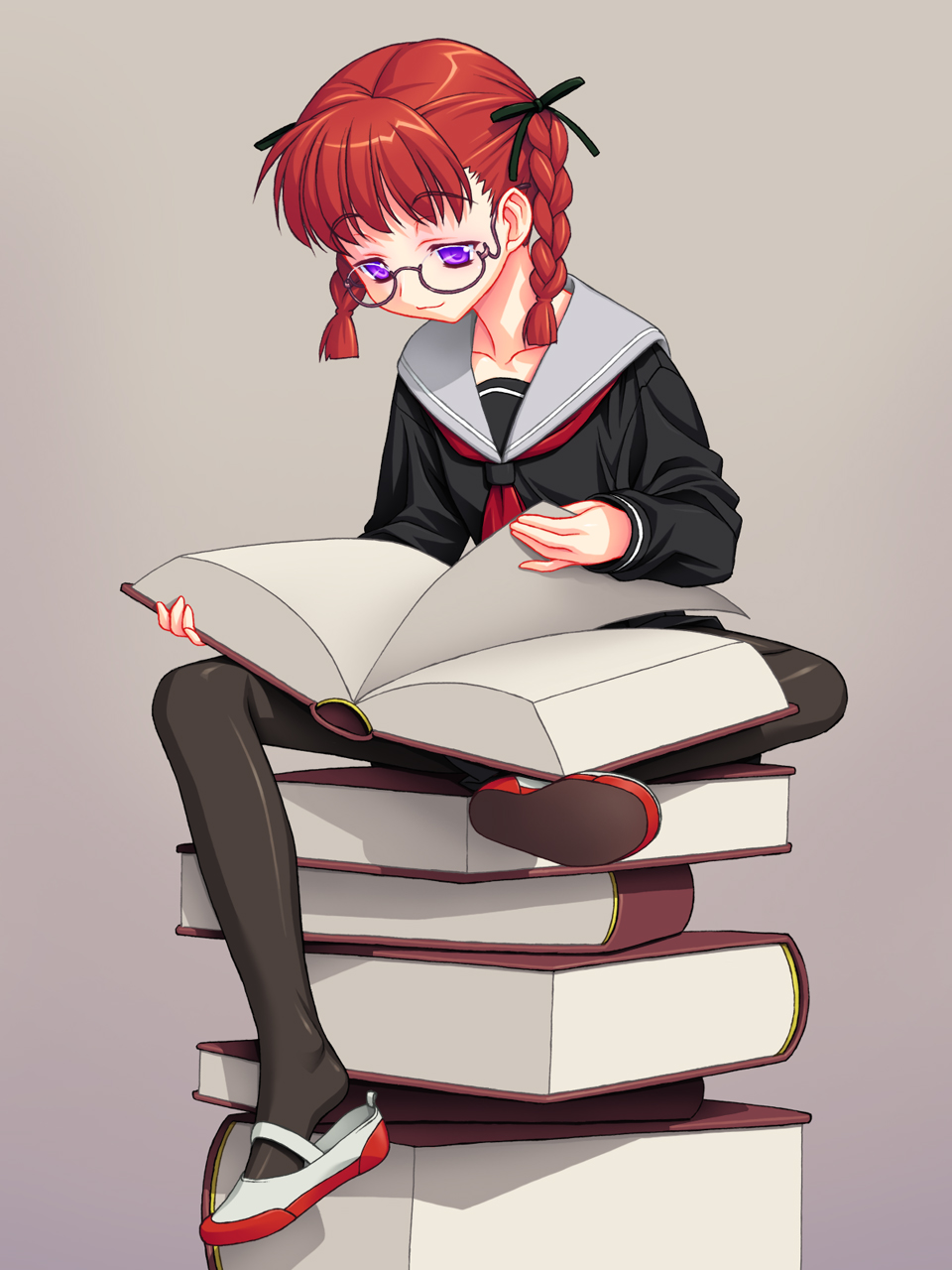 miyama amehiko, original, highres, 1girl, book, book focus, braid, female focus, flat chest, full body, glasses, hair ribbon, happy, looking down, open book, pantyhose, purple eyes, reading, red hair, ribbon, school uniform, serafuku, shoe dangle, shoes, simple background, sitting, smile, solo, spread legs, study, twin braids, uwabaki