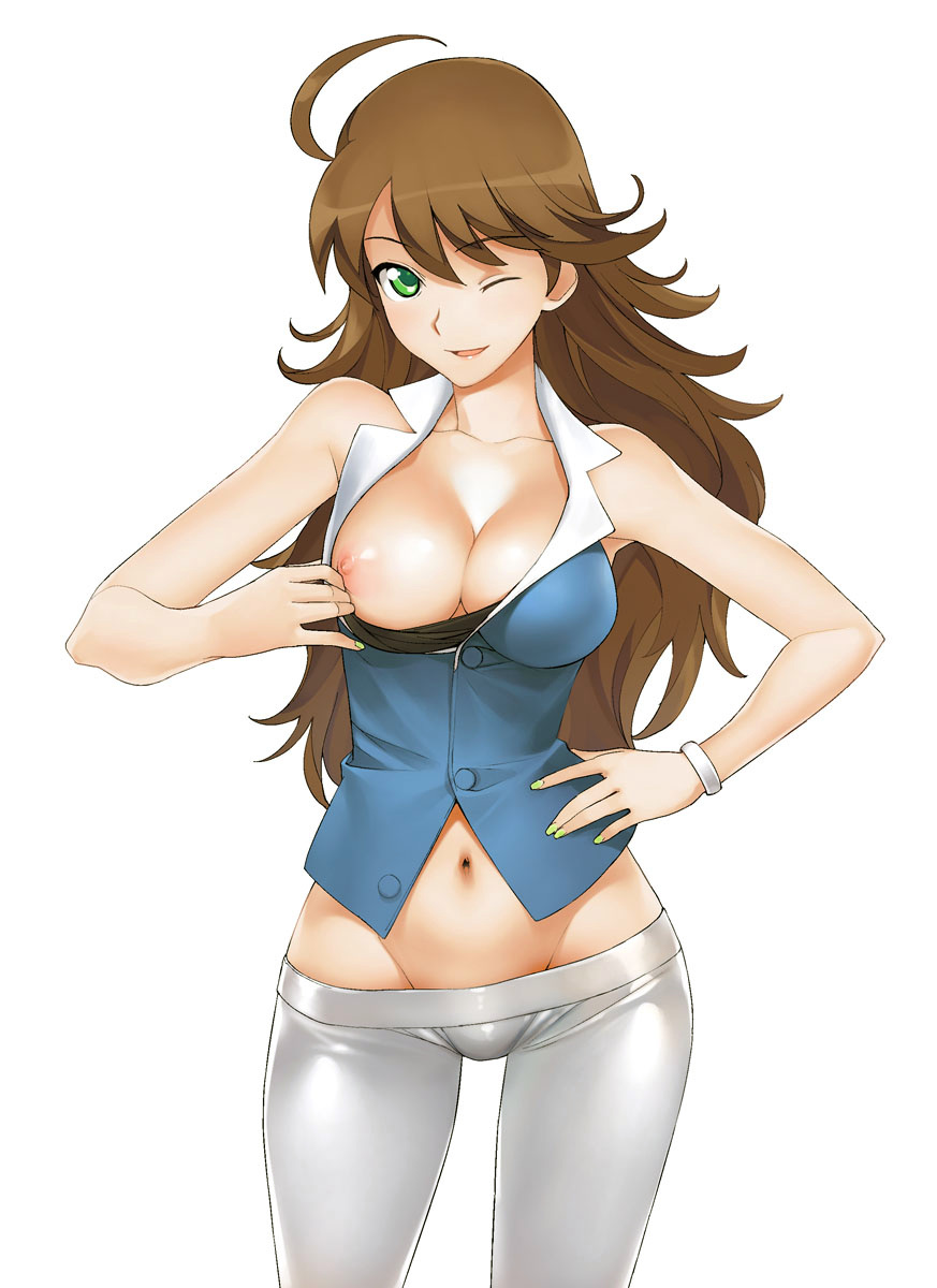 awakened miki, hoshii miki, sumeragi lee noriega, gundam, gundam 00, idolmaster, idolmaster (classic), idolmaster 1, a1, duplicate, highres, 00s, 1girl, ahoge, bracelet, breast slip, breasts, brown hair, cameltoe, clothes pull, cosplay, fusion, green eyes, groin, hip focus, jewelry, long hair, lowleg, lowleg pants, nail polish, navel, nipples, one breast out, one eye closed, pants, shirt pull, smile, solo, sumeragi lee noriega (cosplay), tight clothes, tight pants, wide hips, wink, yellow nails