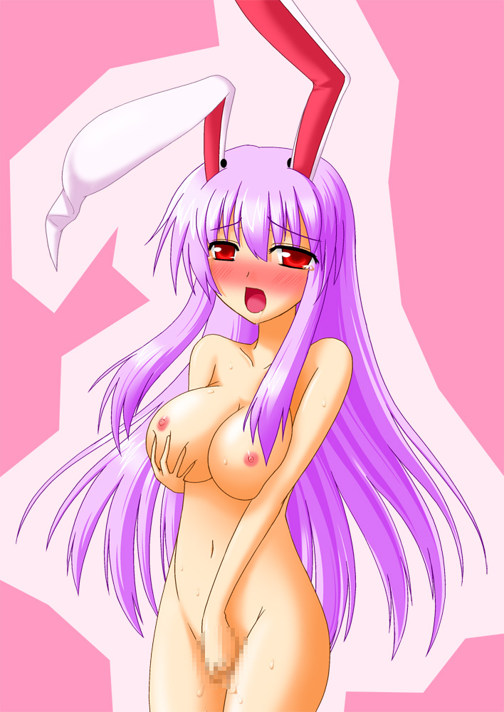 john (nakoto), reisen udongein inaba, touhou, 1girl, animal ears, blush, breasts, censored, female focus, female masturbation, large breasts, long hair, masturbation, nipples, pointless censoring, purple hair, rabbit ears, red eyes, saliva, solo