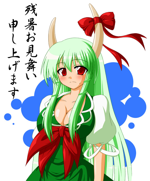 john (nakoto), ex-keine, kamishirasawa keine, touhou, 1girl, blush, breasts, female focus, green hair, horn ornament, horn ribbon, horns, huge breasts, long hair, red eyes, ribbon, solo, very long hair, zanshomimai