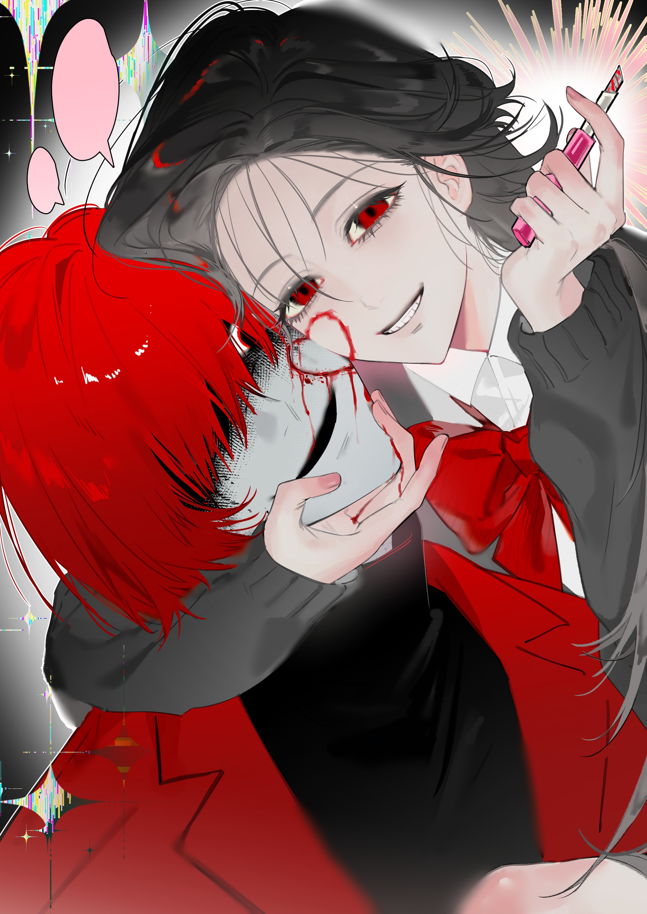 yu lan, adashino adami, mr. scarletella, homicipher, absurdres, highres, 1boy, 1girl, arm around neck, black hair, black sweater, bleeding, blood, blood on face, bow, bowtie, boxcutter, carrying, child carry, coat, grin, hair over one eye, heart, hetero, holding, holding boxcutter, injury, long hair, looking at viewer, red bow, red bowtie, red coat, red eyes, red hair, sadism, school uniform, shaded face, short hair, smile, sweater, turtleneck, turtleneck sweater