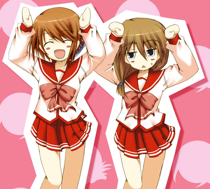 komaki ikuno, komaki manaka, to heart (series), to heart 2, 00s, 2girls, caramelldansen, folded ponytail, multiple girls, school uniform, serafuku
