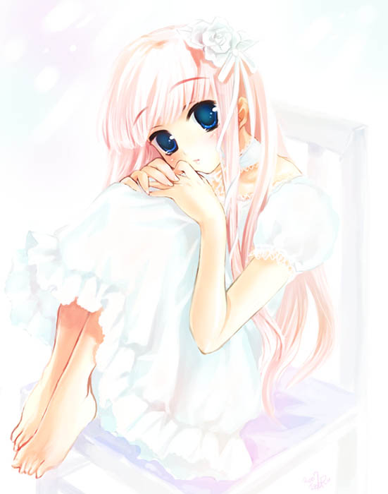 kaiji nekotsuki, nekou izuru, original, bad id, bad pixiv id, 1girl, barefoot, blue eyes, feet, female focus, pink hair, solo