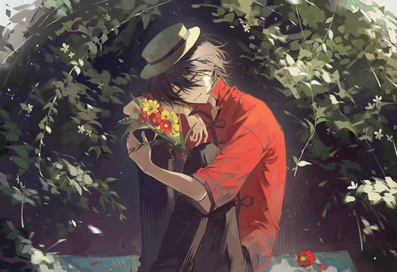sona (lnjixn), ooe (game), 1boy, black hair, black pants, bouquet, chinese clothes, closed eyes, closed mouth, daiba shizuma, flower, hat, holding, holding flower, male focus, pants, red flower, red shirt, shirt, short hair, sitting, smile, solo, tangzhuang, yellow flower