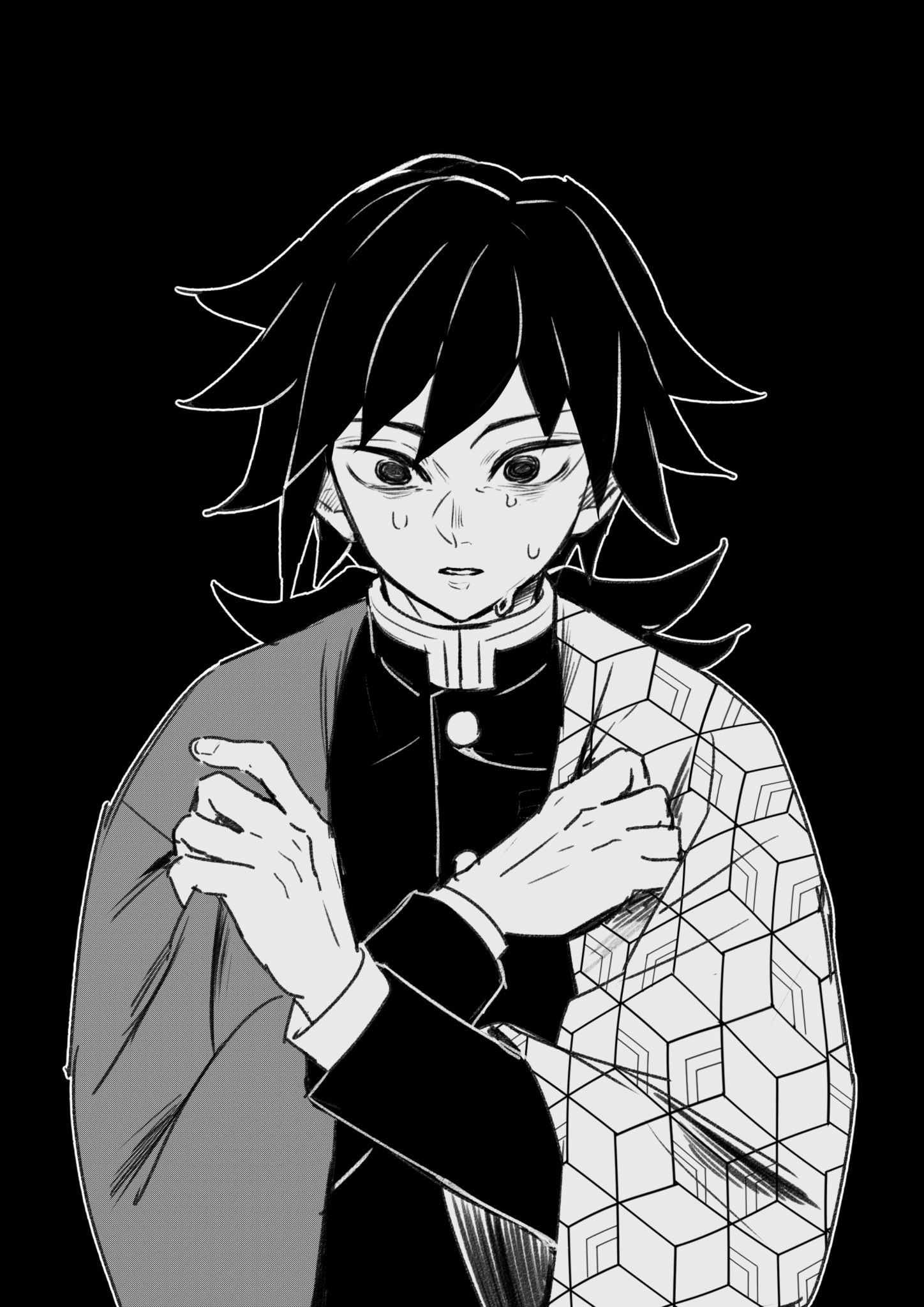 tomioka giyuu, kimetsu no yaiba, highres, 1boy, black background, black hair, black jacket, buttons, demon slayer uniform, greyscale, haori, jacket, japanese clothes, kikkoumon, looking at viewer, low ponytail, male focus, monochrome, parted lips, ponytail, print haori, simple background, solo, spiked hair, sweat, teeth, upper body, yanae1573 2