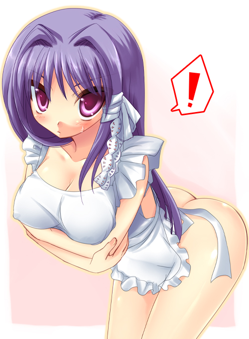 yukizuki chikuba, fujibayashi kyou, clannad, 00s, 1girl, apron, ass, bent over, blush, breast rest, breasts, cleavage, female focus, huge breasts, naked apron, purple eyes, purple hair, ribbon, solo, sweatdrop