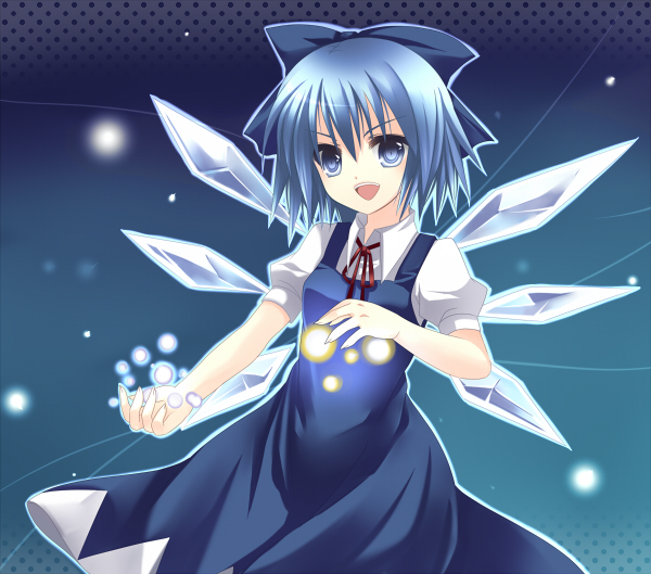takase kanan, cirno, embodiment of scarlet devil, touhou, bad id, bad pixiv id, 1girl, blue eyes, blue hair, bow, dress, female focus, matching hair/eyes, pinafore dress, sleeveless dress, smile, solo, wings