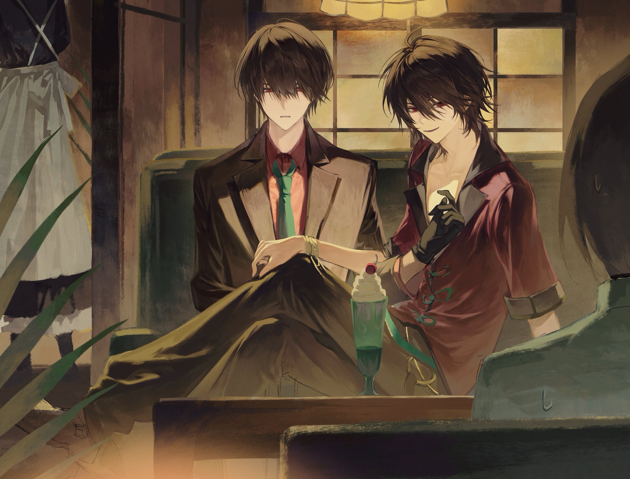 sona (lnjixn), oosaki (ooe), ooe (game), highres, 2boys, apron, black gloves, black hair, black jacket, black pants, bracelet, brown hair, chair, cherry, closed mouth, collared shirt, crossed legs, daiba shizuma, food, formal clothes, fruit, gloves, green necktie, hair between eyes, holding, ice cream, ice cream float, indoors, jacket, jewelry, long sleeves, looking at viewer, maid, maid apron, male focus, multiple boys, necktie, pants, parfait, parted lips, red eyes, red shirt, shirt, short hair, sitting, smile, suit, white apron