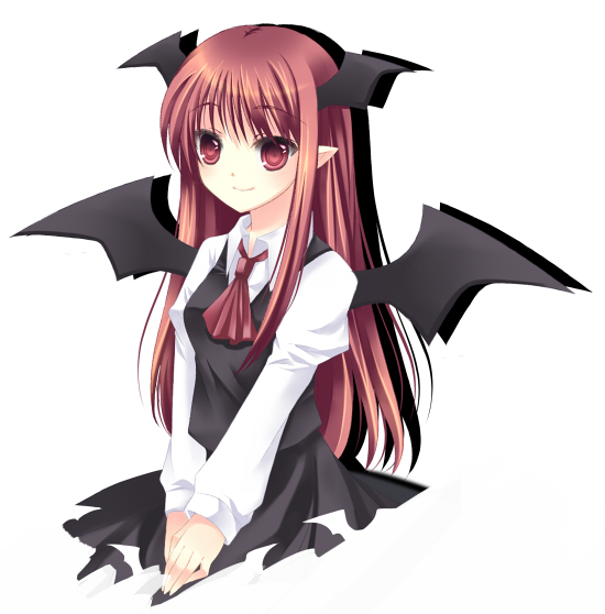 takase kanan, koakuma, embodiment of scarlet devil, touhou, bad id, bad pixiv id, 1girl, female focus, head wings, long hair, pointy ears, red eyes, red hair, simple background, solo, white background, wings