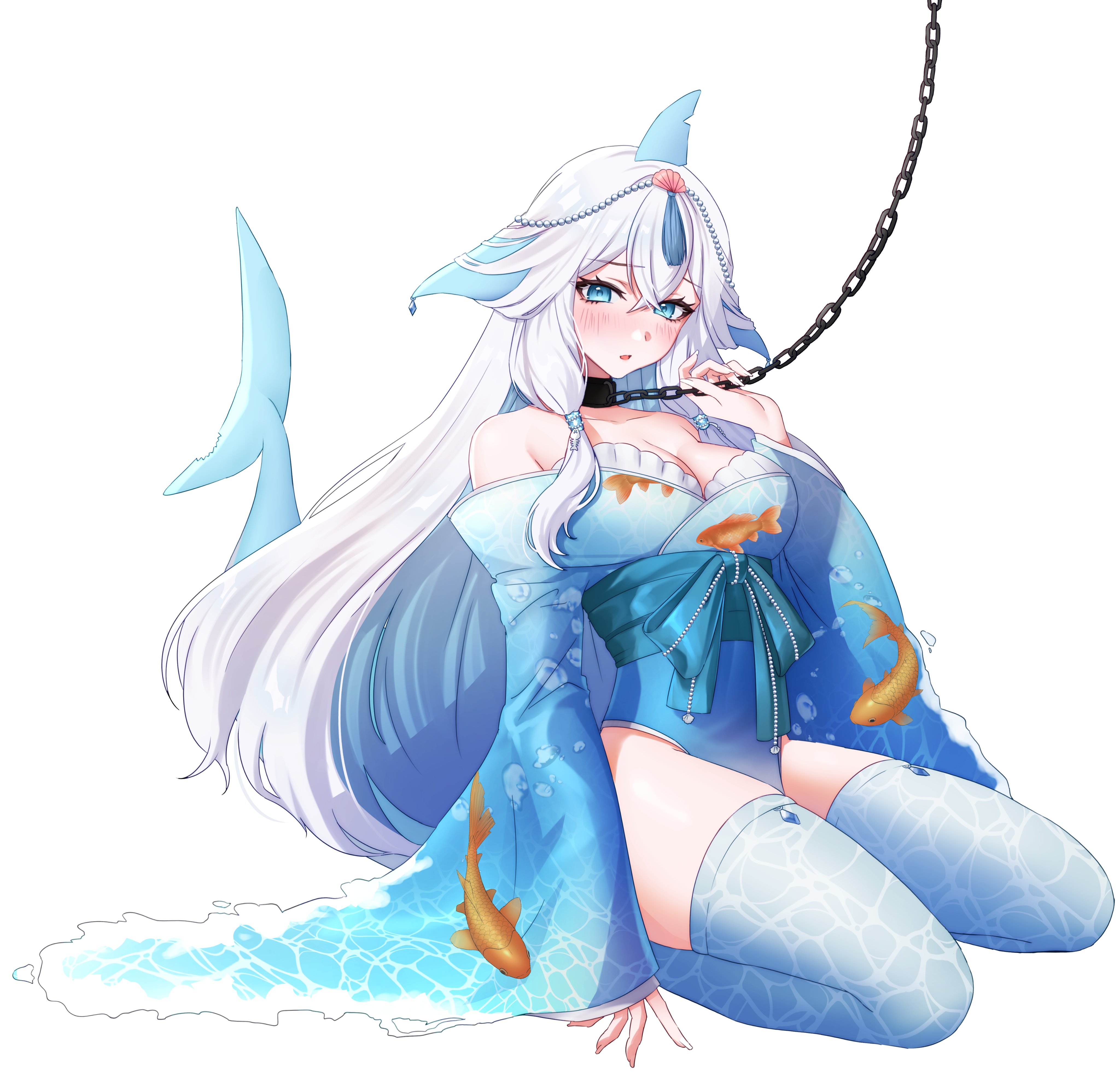 pome0826, indie virtual youtuber, absurdres, highres, second-party source, 1girl, animal print, bare shoulders, black collar, blue eyes, blue hair, blue kimono, breasts, chain, chain leash, cleavage, collar, collarbone, colored inner hair, fins, fish print, fish tail, goldfish print, grace la shnark, hair ornament, japanese clothes, kimono, kneeling, leash, long hair, multicolored hair, off shoulder, shark fin, shark tail, shell hair ornament, solo, tail, tassel, tassel hair ornament, virtual youtuber, white hair, wide sleeves