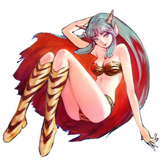 naf246, lum, urusei yatsura, animal print, bikini, boots, green hair, horns, long hair, solo, swimsuit, tiger print