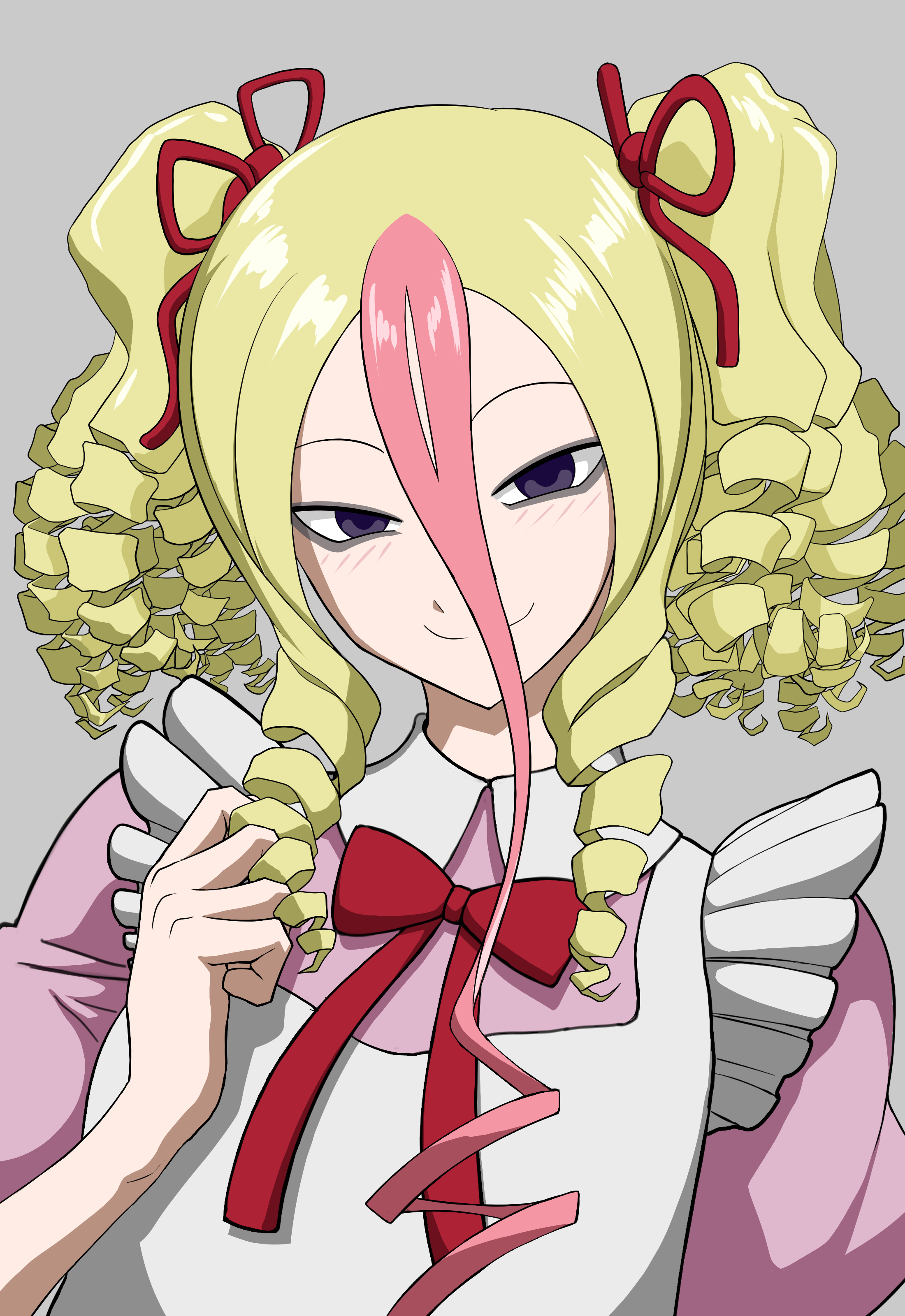 kyamuu, tanba toshio, indie virtual youtuber, absurdres, highres, 1girl, apron, blonde hair, blue eyes, dress, hairband, long hair, multicolored hair, neck ribbon, pink dress, pink hair, ribbon, two-tone hair, virtual youtuber