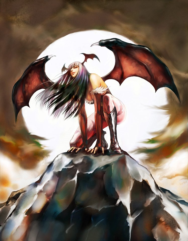 naf246, morrigan aensland, capcom, darkstalkers, 1girl, animal print, bare shoulders, bat print, bat wings, boots, bridal gauntlets, demon girl, demon wings, elbow gloves, female focus, gloves, head wings, leotard, long hair, moon, night, outdoors, pantyhose, patterned legwear, print pantyhose, scenery, solo, wings