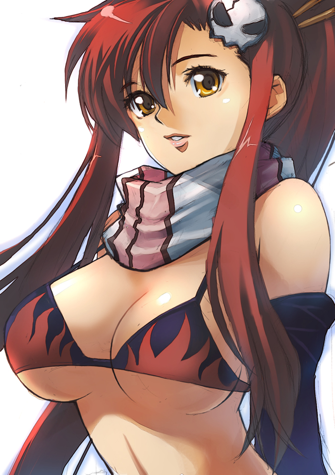 hirokiku, yoko littner, tengen toppa gurren lagann, bad id, bad pixiv id, 00s, bikini, bikini top only, breasts, cleavage, elbow gloves, gloves, hair ornament, large breasts, lips, long hair, ponytail, red hair, scarf, sideboob, swimsuit, underboob, yellow eyes