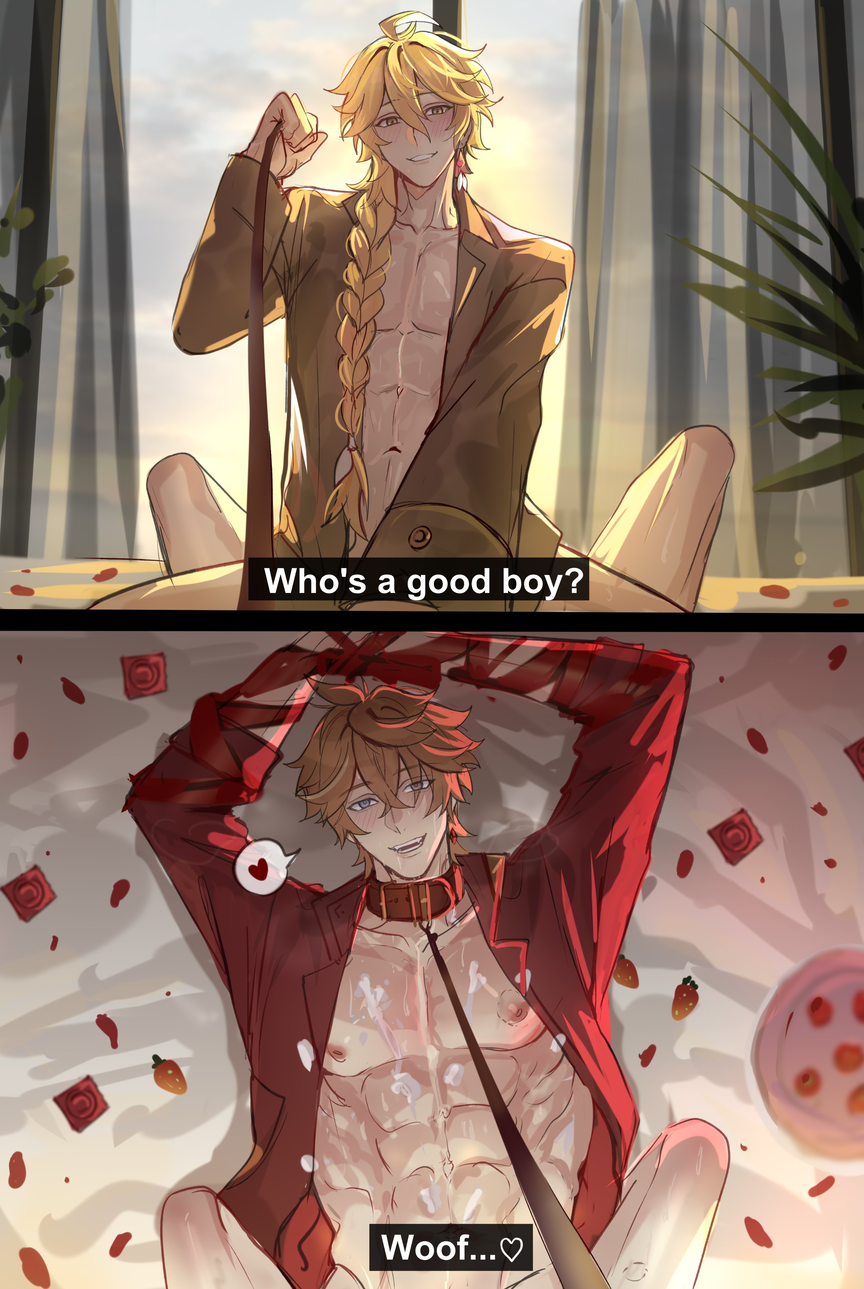 haze (ha ze), aether (genshin impact), tartaglia (genshin impact), genshin impact, absurdres, commentary, highres, symbol-only commentary, 2boys, abs, ahoge, bed, bishounen, blonde hair, blue eyes, boy on top, braid, collar, condom, condom wrapper, crossed bangs, cum, curtains, earrings, hair between eyes, holding, holding leash, jacket, jewelry, leash, lying, multiple boys, open clothes, open jacket, orange hair, restrained, single earring, sunlight, viewer holding leash, yaoi