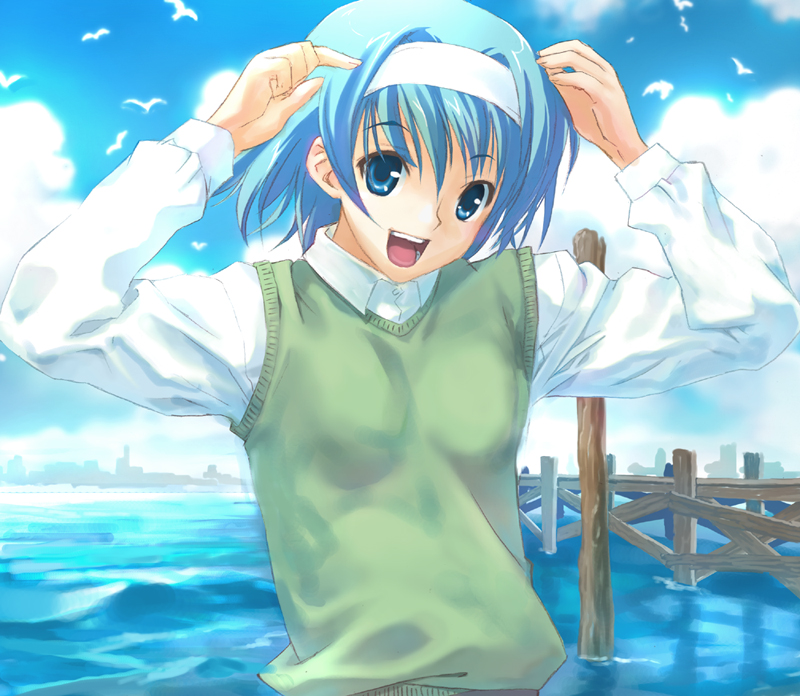 hirokiku, original, bad id, bad pixiv id, gender request, androgynous, blue eyes, blue hair, hairband, solo