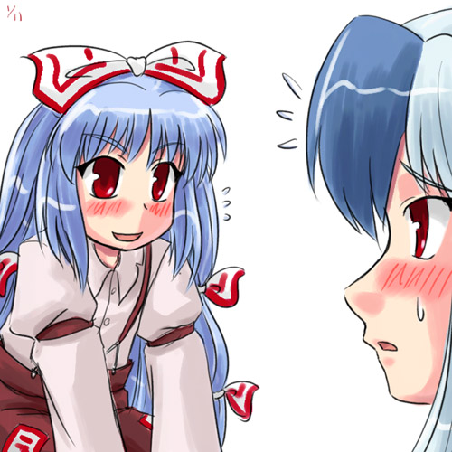 sasuke (sasuke no sato), fujiwara no mokou, kamishirasawa keine, touhou, lowres, 2girls, blush, female focus, multiple girls, simple background, standing, white background