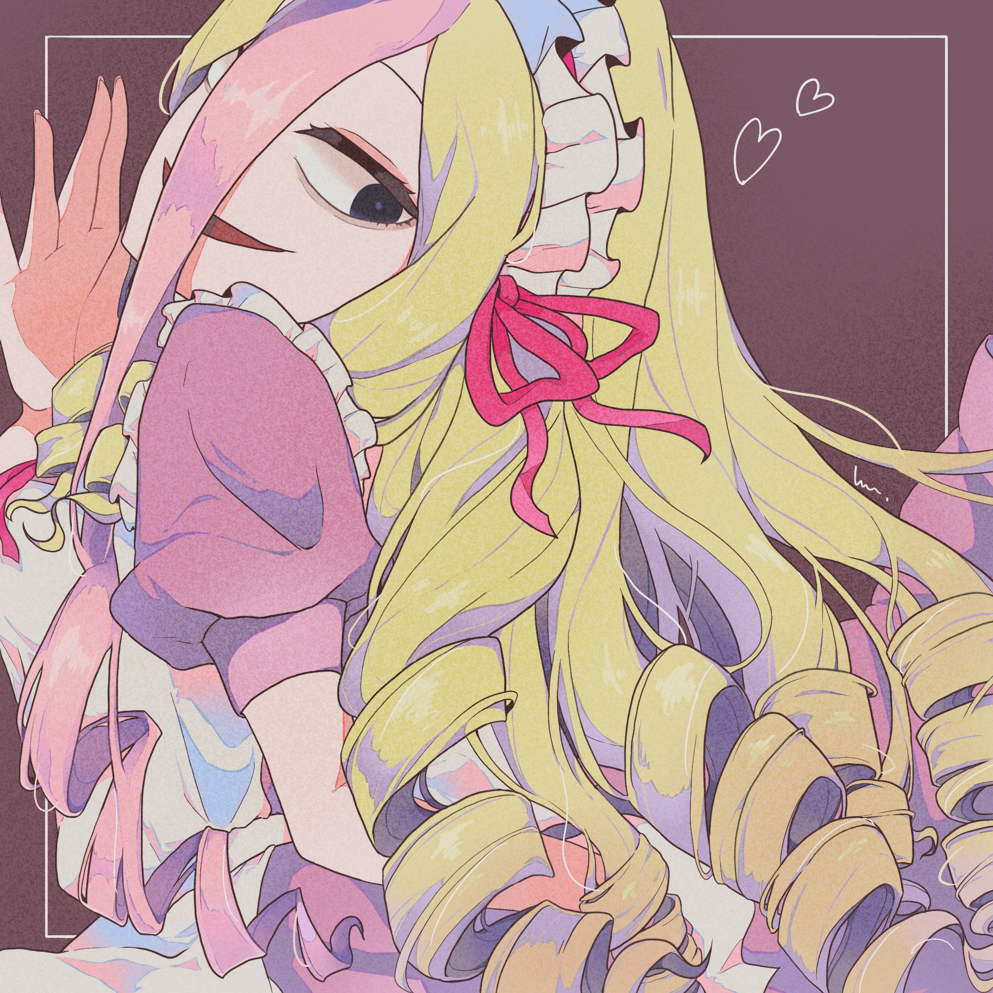 wu longcha, tanba toshio, indie virtual youtuber, highres, 1girl, apron, blonde hair, blue eyes, dress, hairband, long hair, multicolored hair, neck ribbon, pink dress, pink hair, ribbon, two-tone hair, virtual youtuber