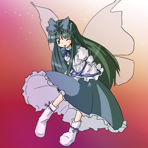 star sapphire, eastern and little nature deity, touhou, touhou sangetsusei, lowres, 1girl, :p, female focus, full body, gradient background, one eye closed, solo, tongue, tongue out, wings, wink
