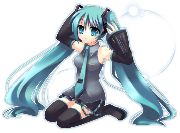 takase kanan, hatsune miku, vocaloid, bad id, bad pixiv id, aqua eyes, aqua hair, detached sleeves, long hair, necktie, solo, thighhighs, twintails, very long hair
