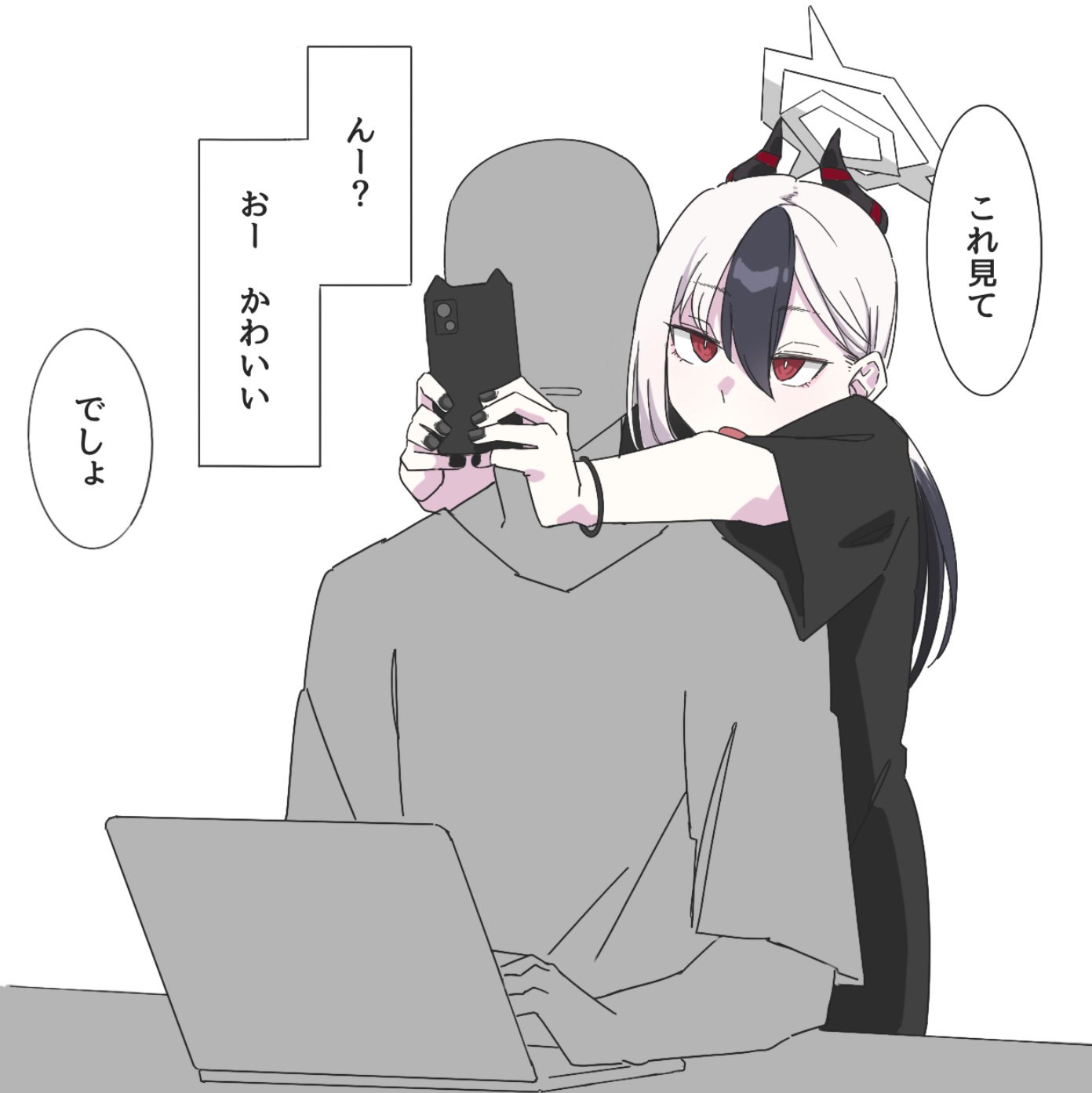 vividnatadecoco, kayoko (blue archive), sensei (blue archive), blue archive, commentary request, highres, 1boy, 1girl, black hair, black nails, black shirt, cellphone, computer, faceless, faceless male, hair between eyes, halo, holding, holding phone, horns, laptop, long hair, multicolored hair, nail polish, open mouth, outstretched arms, parted lips, phone, phone with ears, red eyes, shirt, short sleeves, simple background, two-tone hair, white background, white hair, wide sleeves