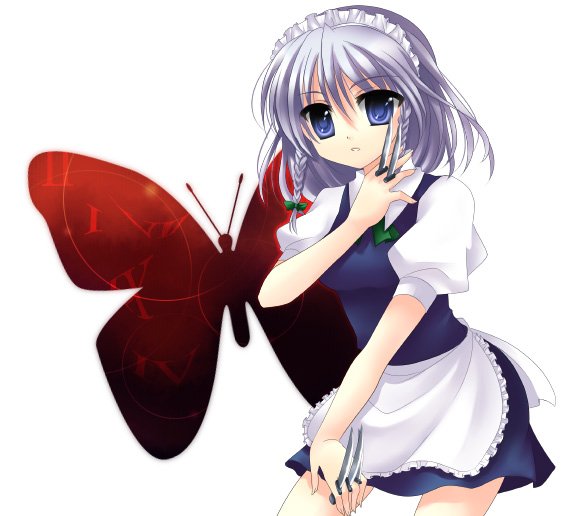 takase kanan, izayoi sakuya, touhou, bad id, bad pixiv id, 1girl, blue eyes, bug, butterfly, dress, female focus, knife, maid, solo, throwing knife, weapon, white background