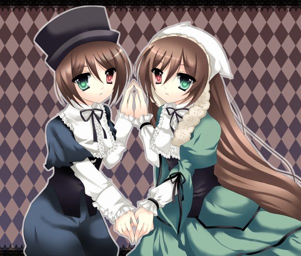 takase kanan, souseiseki, suiseiseki, rozen maiden, bad id, bad pixiv id, 00s, 2girls, brown hair, hat, headscarf, heterochromia, long hair, multiple girls, short hair, siblings, sisters, twins, white headscarf
